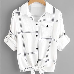 Grid Print Tie Front Cuffed Shirt White Black OS